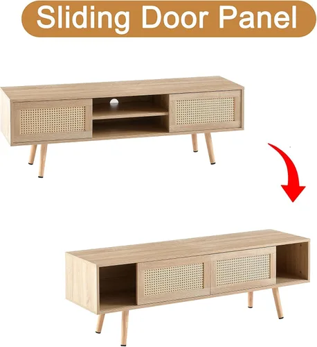 Vista 5 de Soporte de TV moderno de mediados de siglo para sala de estar con almacenamiento, consola rectangular de 55.12 pulgadas para televisores de hasta 60