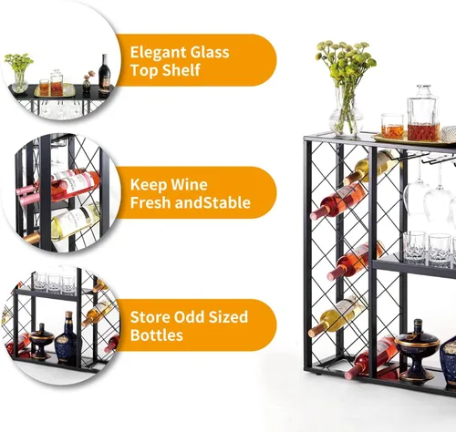 Vista 4 de Mango Steam Consola de estante de vino con mesa de cristal (34 botellas, negro)