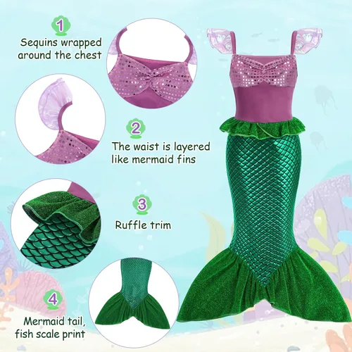 Vista 5 de Eledobby Ariel Costume for Girls Little Mermaid Dress Halloween Outfit Princess Mermaids Dress Up Birthday Party Clothes