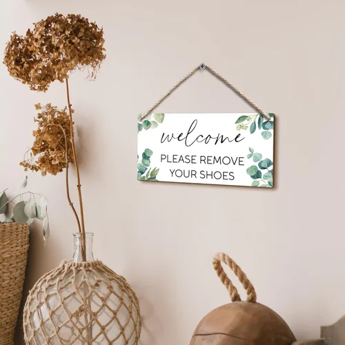 Vista 4 de Letreros colgantes de madera con texto en inglés «Welcome Please Remove Your Shoes Off» de 12 x 6 pulgadas, letrero de bienvenida «Please Take Your