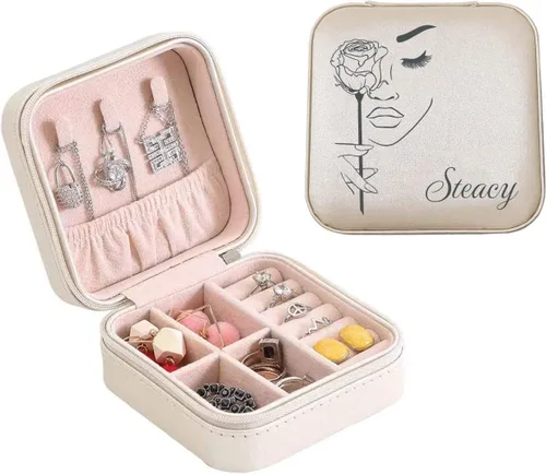 Vista 4 de Joyero personalizado con tu nombre y mes de la flor de nacimiento, organizador de joyas de cuero personalizado, estuche de viaje, regalos Negro