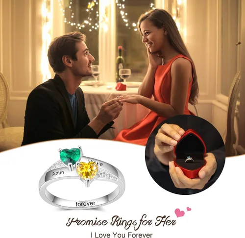 Vista 4 de Anillos de promesa personalizados para mujer grabado de 2 a 8 nombres y piedras natales anillo de corazón para abuela familia regalos para esposa
