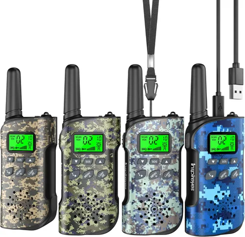 Vista 24 de Inspireyes Walkie Talkies para niños, paquete de 2 recargables de largo alcance, juguetes para niños y niñas de 3 a 12 años, juguete de radio de 2