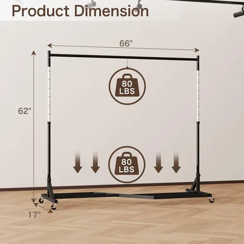 Vista 2 de Perchero con ruedas, perchero ajustable resistente con estante inferior, perchero de metal duradero, altura ajustable, con ruedas bloqueables