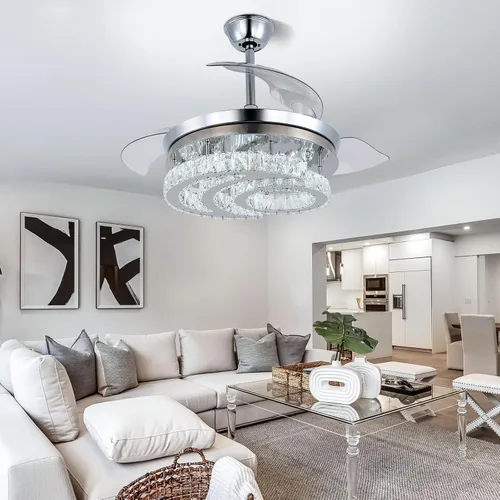 Vista 2 de FRIXCHUR 42" Ventiladores de techo de cristal con candelabro regulable LED, lámpara de araña retráctil en forma de luna con luces y control remoto