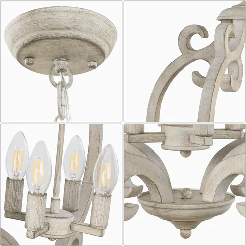 Vista 4 de Candelabro de Granja de 4 Luces, Candelabro de Madera Rústica Orbe Desgastado Lámpara Colgante de Estilo Campestre Francés Lámparas de Techo