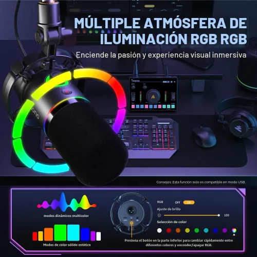 Vista 4 de MAONO XLR/USB - Micrófono dinámico para juegos RGB con software, silencio, perilla de ganancia, control de volumen y conector para auriculares