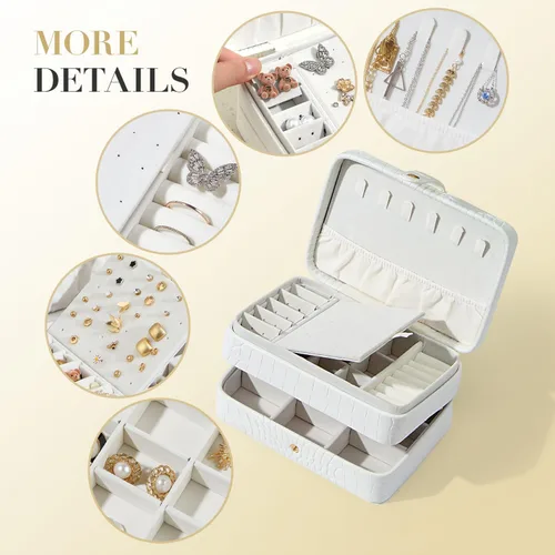Vista 3 de Joyero pequeño de piel sintética para mujeres y niñas, estuche de joyería portátil de viaje de doble capa para anillo, colgante, aretes, collar