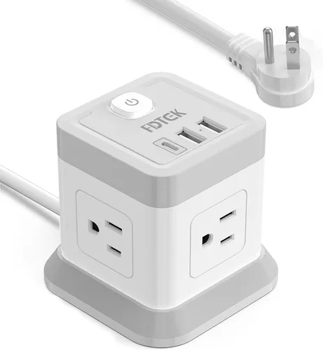 Vista 11 de FDTEK - Tira de alimentación USB C de 2 clavijas, 4 tomas de corriente, 3 USB, cable de extensión de 5 pies, color blanco 2 Prong Desktop Charging