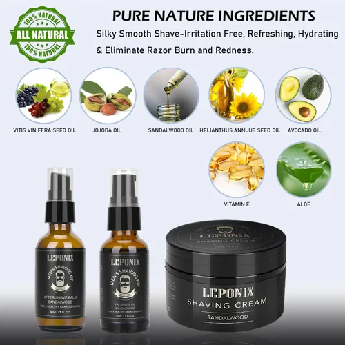 Vista 6 de Kit de afeitado para hombres, el kit esencial incluye crema de afeitar de sándalo, loción para después del afeitado para hombres y aceite para antes