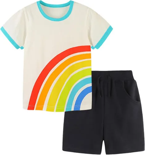 Vista 3 de Conjunto corto de algodón para niños pequeños, camiseta y camiseta de manga corta, 2 piezas Patrón de animales de dibujos animados.