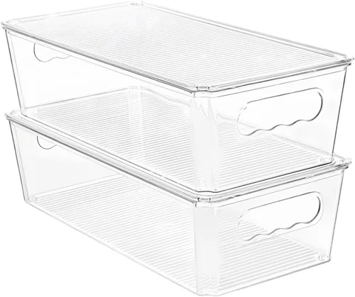 Vista 9 de Refrigerador Oragnizer con tapa, recipientes de plástico transparente apilables, contenedor de almacenamiento de alimentos reutilizable, sin BPA