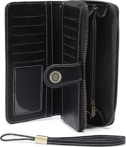 Vista 2 de Billetera de cuero para mujer, de gran capacidad, con cremallera, cartera con cremallera para mujer 1-negro