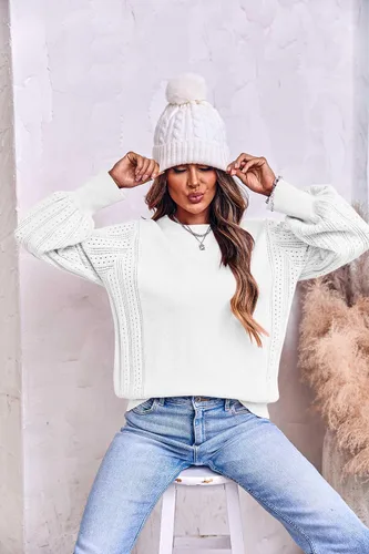 Vista 2 de Onedreamer Suéter de punto para mujer con puntos de punta, suéter largo de manga de globo de murciélago, blusa de invierno