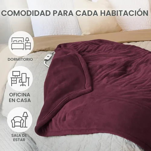 Vista 5 de Manta eléctrica térmica Sunbeam Royal Luxe de microfelpa, 4 ajustes de calor, apagado automático de 4 horas, calentamiento rápido, cálida y Cabernet