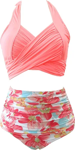 Vista 9 de SPORLIKE - Traje de baño de cintura alta para mujer, bikini de dos piezas con control de abdomen y parte superior triangular