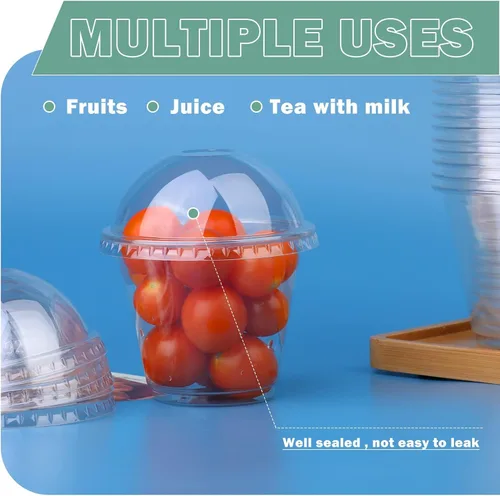 Vista 3 de 50 vasos de plástico transparente de 9 onzas con tapas de cúpula, tazas de postre, tazas de frutas con tapas, tazas transparentes de fiesta