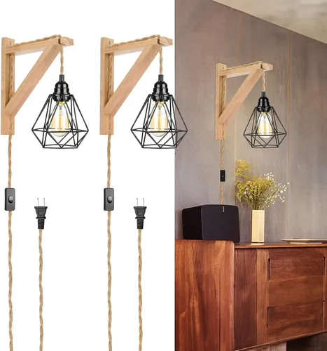 Vista 11 de Frideko - Juego de dos apliques de pared de madera enchufables, lámpara de pared rústica con cable de enchufe, accesorios de luz de pared