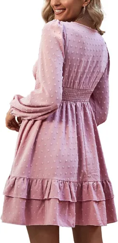 Vista 2 de Rooscier Vestido corto de manga larga con cuello en V y volantes para mujer