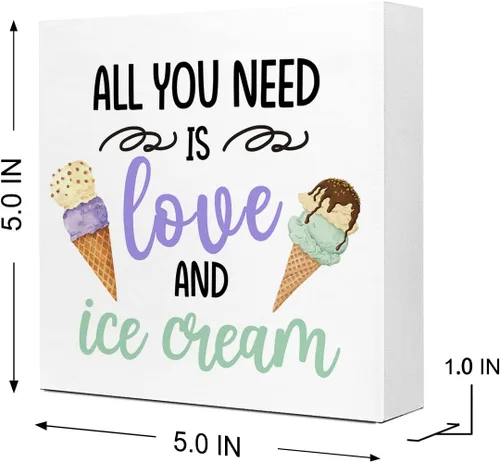 Vista 2 de Letrero inspirador de madera con texto en inglés «All You Need is Love and Helado», decoración rústica de bloque de madera de helado de verano