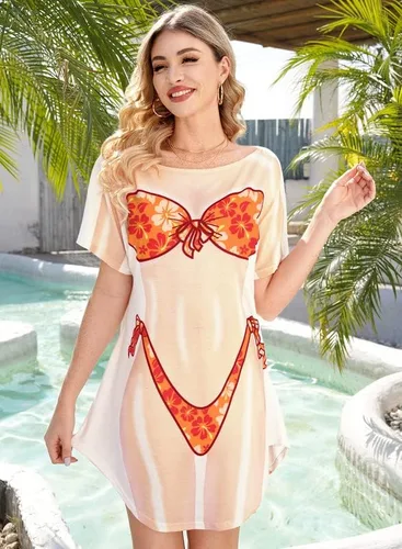 Vista 2 de Spadehill Traje de baño holgado de manga corta con estampado de bikini para mujer