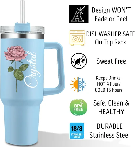 Vista 4 de Vaso personalizado con foto con asa y nombres, imagen personalizada, texto de 40 onzas, tazas de viaje de acero inoxidable con aislamiento