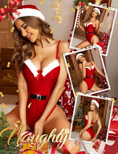 Vista 4 de RSLOVE Lencería de Navidad para mujer, body de peluche sexy de una pieza con cinturón