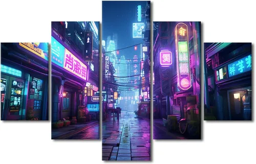 Vista 85 de Póster de 5 paneles en lienzo para decoración de pared, diseño de centro urbano Cyberpunk, impresión moderna, decoración de pared para el hogar