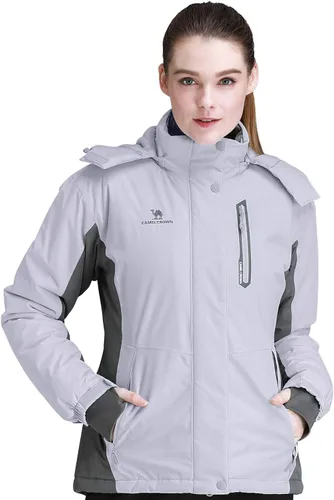 Vista 15 de CAMEL CROWN - Chamarra de esquí para mujer, impermeable, con capucha desmontable, rompevientos, forro polar, parka para lluvia