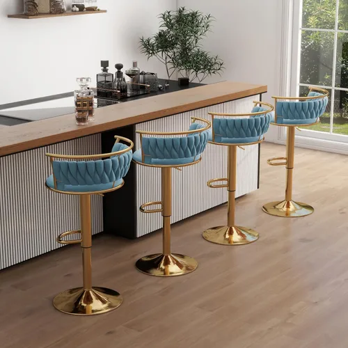 Vista 30 de Juego de 2 taburetes de bar giratorios de 360°, silla de bar de terciopelo ajustable a altura de mostrador moderna, taburete de metal plateado