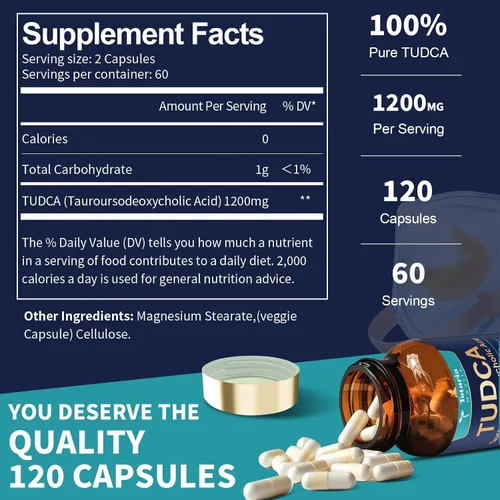 Vista 5 de Totaria TUDCA - Sales biliares de 1200 mg (ácido tauroursodesoxicólico), 120 cápsulas, suplementos hepáticos TUDCA puros ultra fuertes, limpieza