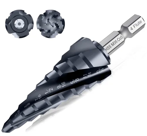 Vista 10 de Broca de cuatro Sprial Flauta M35 de cobalto, 1/4"-1-1/8" Ultra TiAIN recubierta Unibit broca, broca de vástago hexagonal de 1/4" para metal, acero