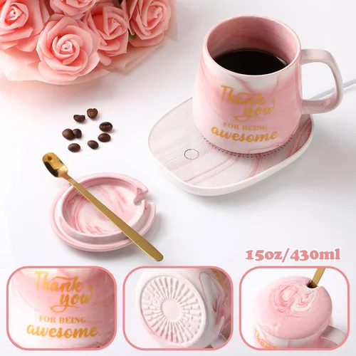 Vista 2 de Nitial Calentador de Café de Agradecimiento con Juego de Taza para Mujeres Taza de Mármol Rosa Placa Calentadora de Tazas Regalo de Agradecimiento