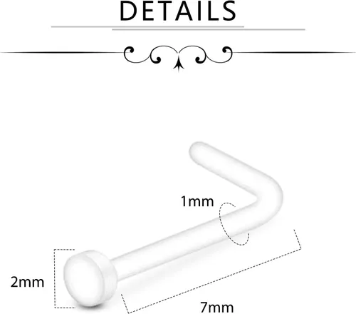 Vista 2 de D.Bella 18g Anillo de nariz transparente retenedor Bioflex en forma de L, anillos de nariz en forma de L, perno de piercing, joyería de punta plana