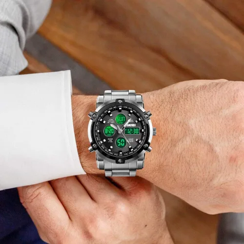 Vista 5 de SKMEI Mens Wrist Watch, Waterproof Military Analog Digital Watches with LED Multi Time Chronograph, Stainless Steel Business Watches for Men