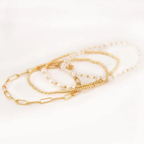 Vista 3 de Pymach Delicado juego de pulseras de cuentas de cristal de perlas de oro para mujer, chapado en oro real de 14 quilates, cuentas de cristal