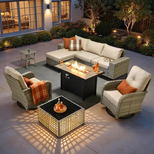 Vista 16 de HOOOWOOO Juego de muebles de patio de 5 piezas, sofá modular en forma de L para exteriores con mesa solar, mimbre PE para todo tipo de clima, sofá