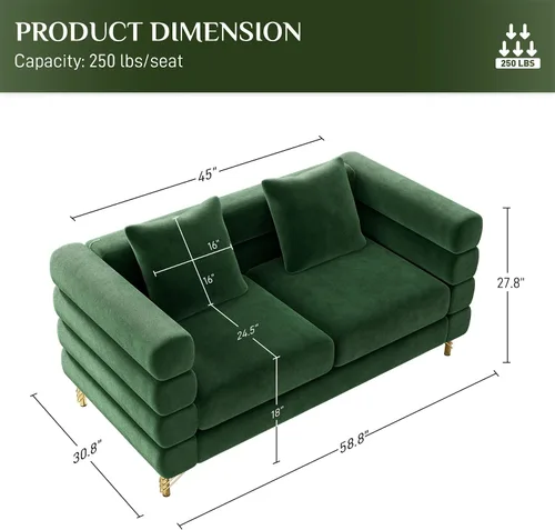 Vista 2 de OUYESSIR Sofá Cloud para sala de estar, cómodo sofá biplaza de terciopelo de 59 pulgadas con 2 almohadas y patas doradas, moderno asiento de dos