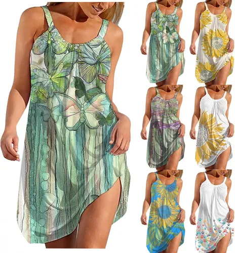 Vista 4 de FABIURT Vestido bohemio para mujer, vestido largo y sexy, sin mangas, holgado, con vuelo, vestido largo por debajo de la rodilla