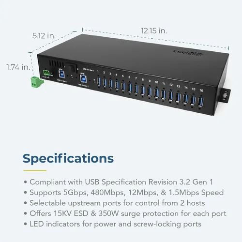 Vista 4 de Coolgear Hub USB 3.2 de 16 puertos con puertos dobles ascendentes, protección contra sobretensiones, bloqueo de tornillo, montaje en rack y riel DIN