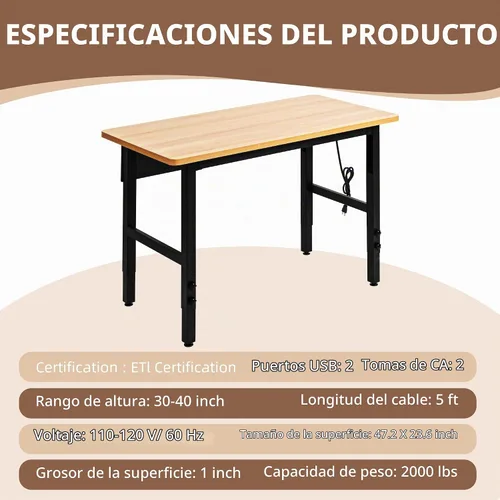 Vista 5 de Banco de trabajo ajustable de 48" con tomas de corriente y 5 ajustes de altura