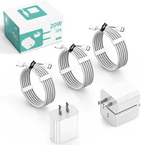 Vista 8 de Bloque de carga USB C rápido para iPhone 17 16 15, 10 pies de largo, paquete de 3 cables USBC a USBC para iPad, cable de viaje de 20 W, cable
