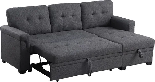 Vista 5 de Sofá cama modular convertible en forma de L de 84 pulgadas, sofá esquinero reversible tapizado de lino, sofá para 3 personas con diván