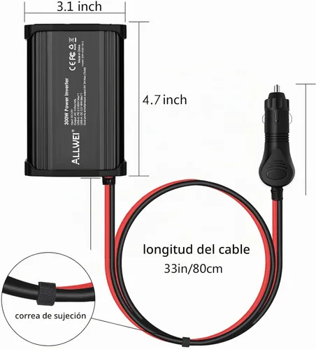 Vista 8 de ALLWEI - Inversor de corriente de 300 W, adaptador de toma de corriente con enchufe para coche, CC 12 V a CA 110 V, con cargador rápido USB-C PD