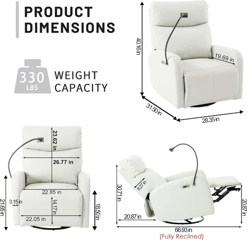 Vista 2 de Mecedora reclinable giratoria, mecedora de 270° con puertos USB para sala de estar, guardería, oficina, dormitorio, respaldo ergonómico, mecedoras