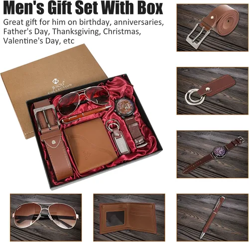 Vista 2 de Juego de regalo de 6 piezas para hombre con caja cinturón de cuero marrón cartera reloj lentes llavero bolígrafo aniversario cumpleaños día de San