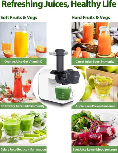 Vista 2 de Aeitto Exprimidor lento, exprimidor de prensa en frío, máquinas exprimidoras sin BPA, fáciles de limpiar, exprimidor de prensa en frío con motor