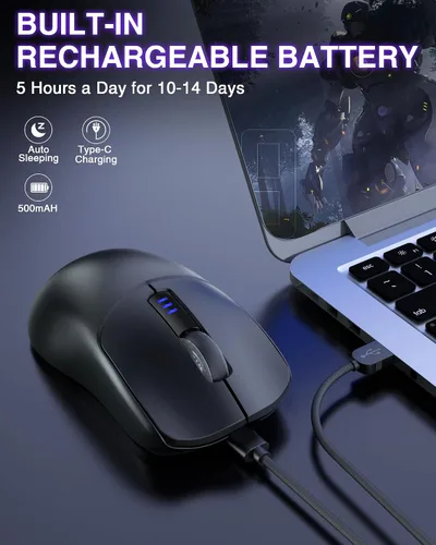 Vista 6 de AULA SC580 Ratón Inalámbrico para Juegos, Ratón de Juego Tri-Modo 2.4G/BT5.0/USB-C, Ratón Inalámbrico Recargable de 12000 DPI con 6 Botones Negro