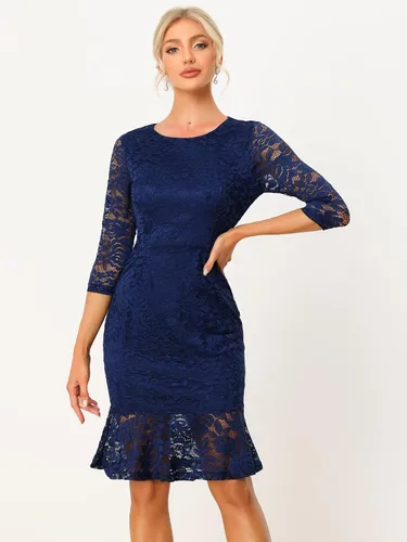 Vista 2 de Allegra K Vestidos de cola de pez para mujer, manga 3/4, elegante vestido de encaje de cóctel de noche