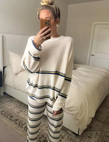 Vista 2 de Tanming Conjuntos de 2 piezas para mujer, conjuntos de suéter a rayas, conjuntos de sudadera de punto acogedor